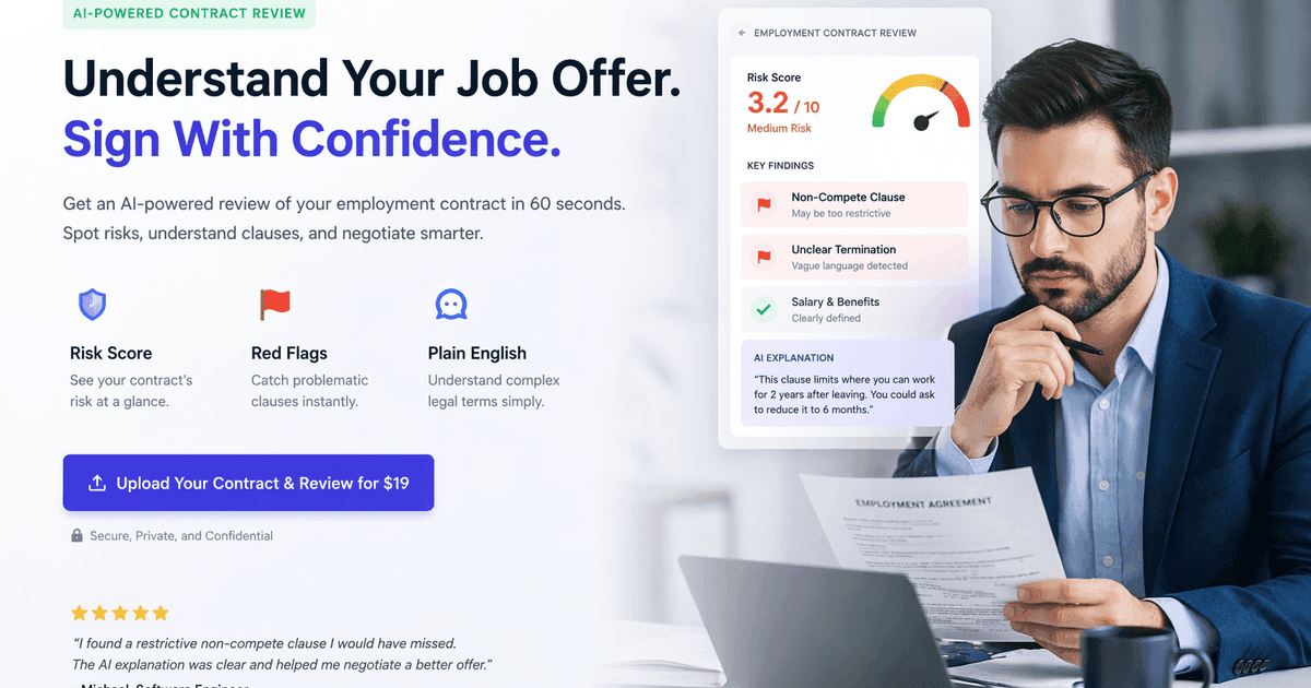 AI employment contract analysis dashboard showing risk score 68/100 with flagged clauses and negotiation tips