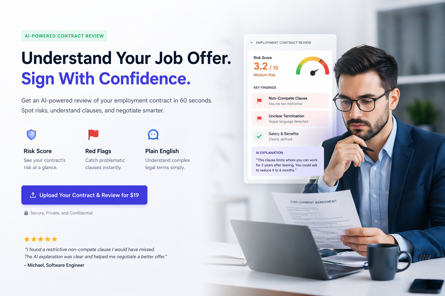 AI employment contract analysis dashboard showing risk score 68/100 with flagged clauses and negotiation tips